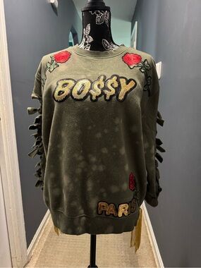 Green 'BOSSY' Embellished Sweatshirt with Rose Appliqués